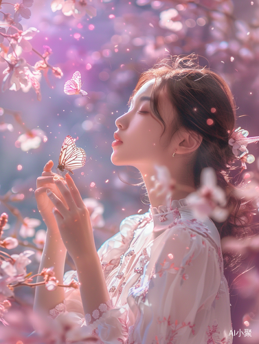 Dreamy hand movements: girl and butterfly in beautiful light