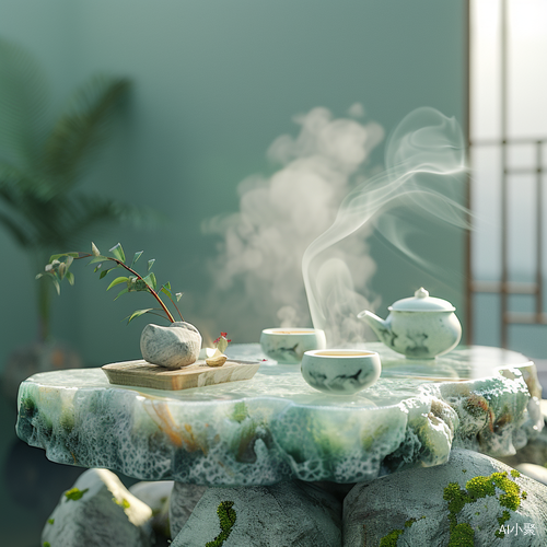 Chinese Tea Set on Transparent Jade Table with Rockery