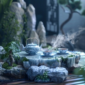 Nearby, a set of Chinese tea set is placed on a transparent jade table with rockery. The tea in the teapot and cup is emitting thin smoke. The material of blue field jade, white and green color, smoke, Chinese landscape painting, advanced sense, c4d, oc renderer, HD 8k. ar 9:16 v 6.0