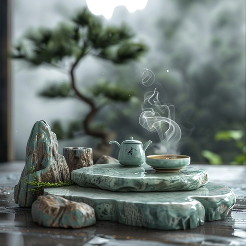 Nearby, a set of Chinese tea set is placed on a transparent jade table with rockery. The tea in the teapot and cup is emitting thin smoke. The material of blue field jade, white and green color, smoke, Chinese landscape painting, advanced sense, c4d, oc renderer, HD 8k. ar 9:16 v 6.0