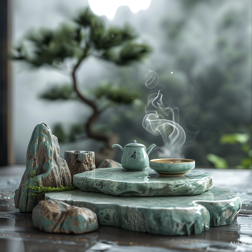 Chinese Tea Set on Transparent Jade Table with Rockery