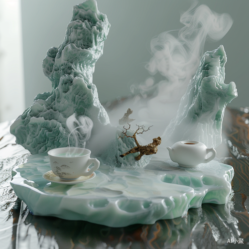 Chinese Tea Set on Transparent Jade Table with Rockery