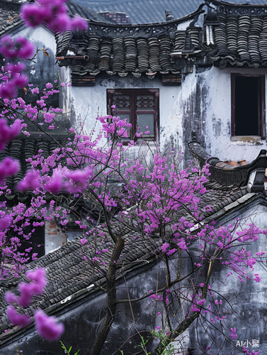 粉樱紫花，绿叶白墙，古代建筑一角