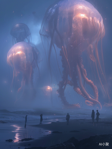 Majestic Glowing Jellyfishes Float Over Misty Beach