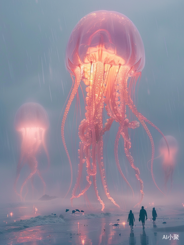 Majestic Glowing Jellyfishes Float Over Misty Beach