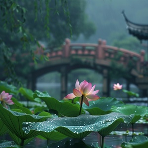 雨后的天气，（一朵荷花开在荷塘里，两片荷叶随风飘扬）露珠，背景高斯模糊的江南有桥，高清，真实摄影