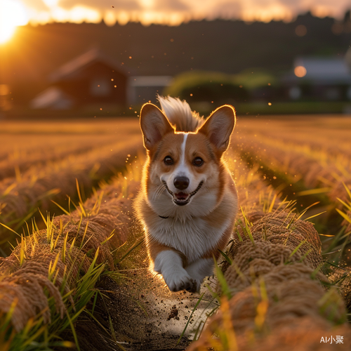 夕阳余晖下的柯基犬奔跑