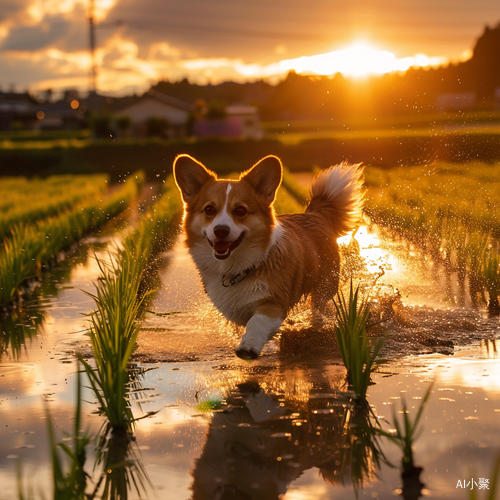 夕阳余晖下的柯基犬奔跑