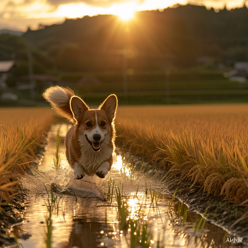 夕阳余晖下的柯基犬奔跑