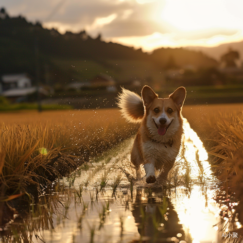 夕阳余晖下的柯基犬奔跑