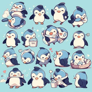 A cute penguin, blue and white skin, anthropomorphic, standing, anthropomorphic style, different moods, happy, shy, excited, sad, surprised, multiple posse and expressions, a set of ICONS