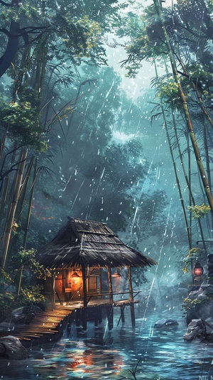 天空下着雨，竹林旁边有小屋，一个人在喝茶听雨，旁边是小桥，很舒服惬意，自然风景，很治愈，很有安全感