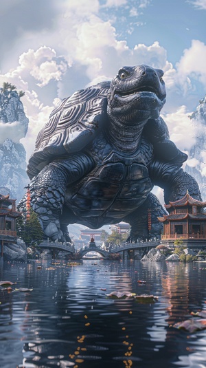 Pixar,full body,Chinese mythology scene of a giant The Black Tortoiser,The body of adragon'shead turtle,There are a large number of traditional Chinese architecture on the body,Chinese mythology,mountains,Floods inundate towns,clouds,water,3d render,oc render,cinematic shot,hyper realistic,divine cinematic edge lighting,Natural lightrealistic lighting and shadingniji5s250ar16:9