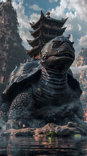 Pixar,full body,Chinese mythology scene of a giant The Black Tortoiser,The body of adragon'shead turtle,There are a large number of traditional Chinese architecture on the body,Chinese mythology,mountains,Floods inundate towns,clouds,water,3d render,oc render,cinematic shot,hyper realistic,divine cinematic edge lighting,Natural lightrealistic lighting and shadingniji5s250ar16:9