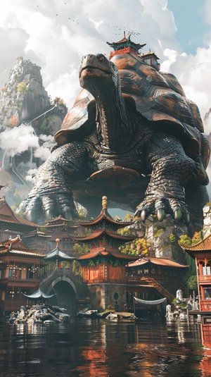 Pixar,full body,Chinese mythology scene of a giant The Black Tortoiser,The body of adragon'shead turtle,There are a large number of traditional Chinese architecture on the body,Chinese mythology,mountains,Floods inundate towns,clouds,water,3d render,oc render,cinematic shot,hyper realistic,divine cinematic edge lighting,Natural lightrealistic lighting and shadingniji5s250ar16:9