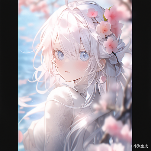 清晨花海中的白发少女