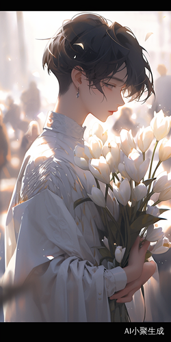 Spring Morning: Boy with Dark Hair and Purple Eyes Holding Flowers