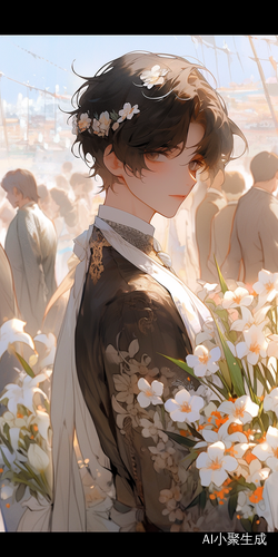 Spring Morning: Boy with Dark Hair and Purple Eyes Holding Flowers