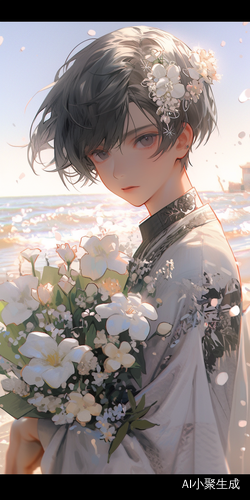Spring Morning: Boy with Dark Hair and Purple Eyes Holding Flowers