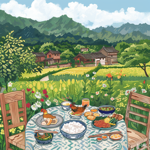 田园餐桌温馨治愈插画