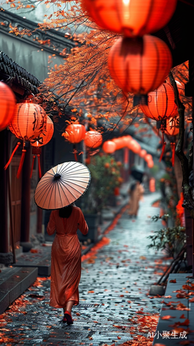 秋分古镇青石巷，桂花红灯金叶香
