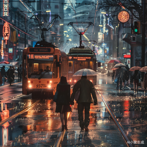城市街头小雨下，行人车辆交错人群熙攘