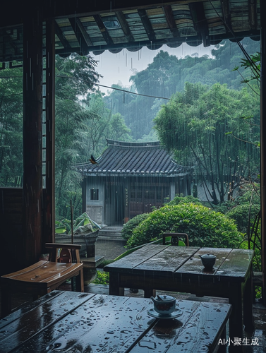 雨中小院，茶桌亭子，自然风景治愈安全感