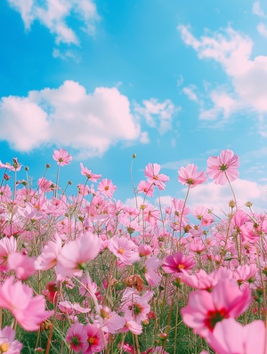 花海与美丽天空，五彩斑斓、花香四溢、花海起伏、蓝天白云、澄澈通透、浪漫氛围，标准镜头，午后时分，唯美风格，彩色胶片，景深技术