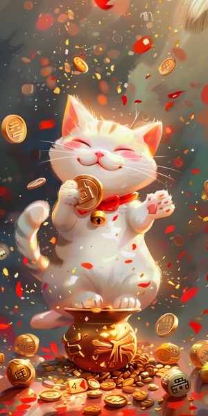 白色招财猫，金币，金元宝