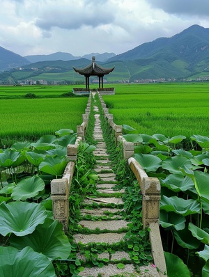 绿色的稻田在远方,荷花在小桥上绽放,流水在中国建筑风格中流淌,植物建成的龙型小桥。前方是无垠的绿色草原,周围环绕着起伏的山脉。照片采用高分辨率,通过手机拍摄的旅游照片呈现自然风景之美。