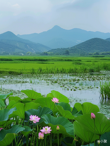 绿色稻田荷花草原山脉手机旅游高清照片