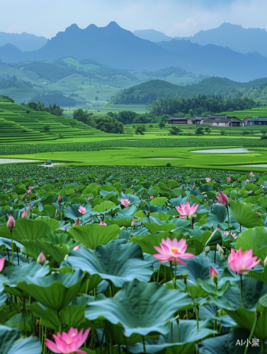 绿色稻田荷花草原山脉手机旅游高清照片