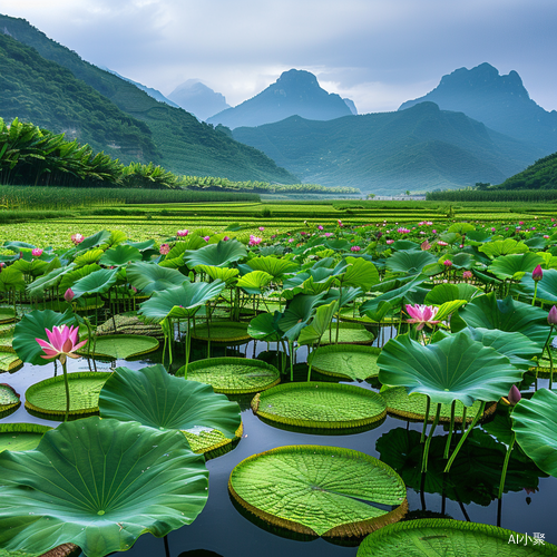 绿色稻田荷花草原山脉手机旅游高清照片