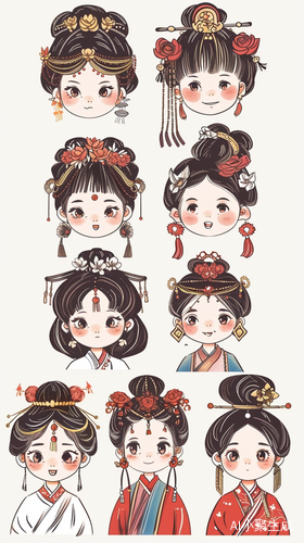汉服女孩贴纸：簪花风格