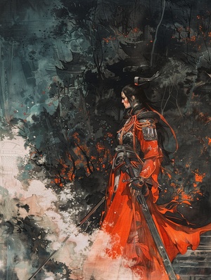 A mighty female general , wearing red clothes and mighty armor , with an elegant figure , stood in front of a strange black forest . She faced the forest , and dangerous smoke came out of the forest , rushing towards the female general . Prepare to attack her , traditional Chinese landscape style , multi - layered composition , orange and aquamarine , mural , freehand painting , psychedelic illustration , oriental , detailed ink , mist , hazy , ink , ink painting - like brushstrokes , martial arts , fantasy