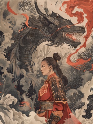 A mighty female general , wearing red clothes and mighty armor , with an elegant figure , stood in front of a strange black forest . She faced the forest , and dangerous smoke came out of the forest , rushing towards the female general . Prepare to attack her , traditional Chinese landscape style , multi - layered composition , orange and aquamarine , mural , freehand painting , psychedelic illustration , oriental , detailed ink , mist , hazy , ink , ink painting - like brushstrokes , martial arts , fantasy