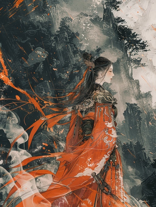 A mighty female general , wearing red clothes and mighty armor , with an elegant figure , stood in front of a strange black forest . She faced the forest , and dangerous smoke came out of the forest , rushing towards the female general . Prepare to attack her , traditional Chinese landscape style , multi - layered composition , orange and aquamarine , mural , freehand painting , psychedelic illustration , oriental , detailed ink , mist , hazy , ink , ink painting - like brushstrokes , martial arts , fantasy