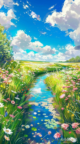 小河两岸花草，蓝天白云飘逸