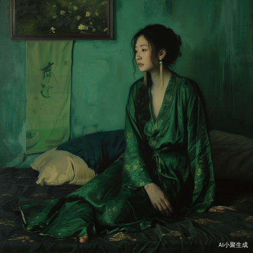 中国绿衣女孩床上坐
