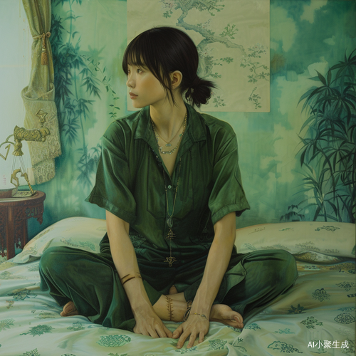 中国绿衣女孩床上坐