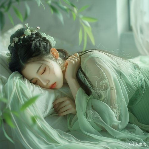 绿衣女孩在明亮房间中躺卧