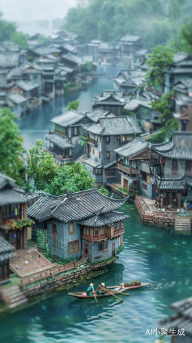江南小镇青砖灰瓦，河畔雨雾中划船景色
