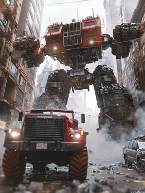 " Transformers " is right below the picture , the picture background is super giant Megatron , blur effect , picture foreground is a truck , war , ruined city , dark environment , bottom view , cool color picture , movie lens , super wide Angle lens , exaggerated elevation , Unreal Engine , ar 3:4 s 180