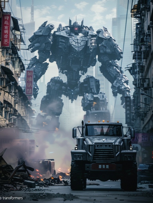 " Transformers " is right below the picture , the picture background is super giant Megatron , blur effect , picture foreground is a truck , war , ruined city , dark environment , bottom view , cool color picture , movie lens , super wide Angle lens , exaggerated elevation , Unreal Engine , ar 3:4 s 180