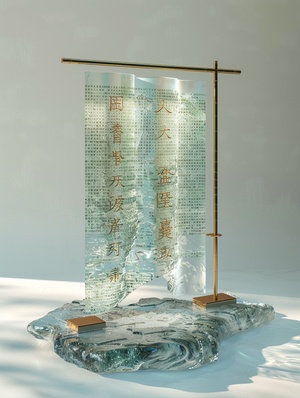 Sculpture , An unrolled ancient Chinese rice papelscroll , standing up and placed , glass material , onwhich Chinese characters are written in goldtransparent , light blue , white , light gold ,c4d, ocrenderer , dreamy , combination of ancient anofuturistic , three - dimensional ancient style , large areablank , Chen Wild , shift axis photography , backlight , volume light , natural light , stage light , cleanbackground ,3d style Science Fiction v 6.0