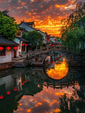 Jiangnan water town, sunset glow, small bridges and flowing houses, green trees on both sides of the river, red lanterns hanging in front of each house, black tile white walls, reflections of orange sky and clouds in clear waters, tranquil atmosphere, picturesque scenery, serene mood, high definition photography. ar 3:4