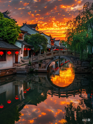 Tranquil Sunset Glow in Jiangnan Water Town