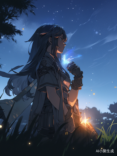蓝色长发女性侧面抱物品夏天流星雨