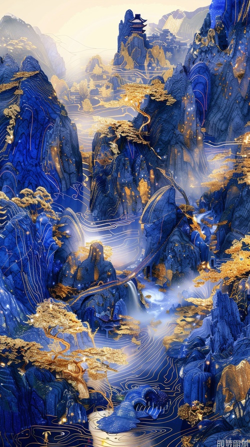 Blue and Gold Landscape, rich in detail, wide-angle lens, fluid photography, traditional style, magnificent scenery, circuit board effect, glowing, Chinese style, thousands of mountains and rivers, 3D illustration, blue and gold color scheme, magnificent, grand, rich in color.绘制模型MJ6.0(真实质感)图片比例9:16图片尺寸1632 x 2912