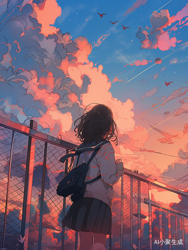 穿校服女孩夕阳告别，彩云满天笑容真美